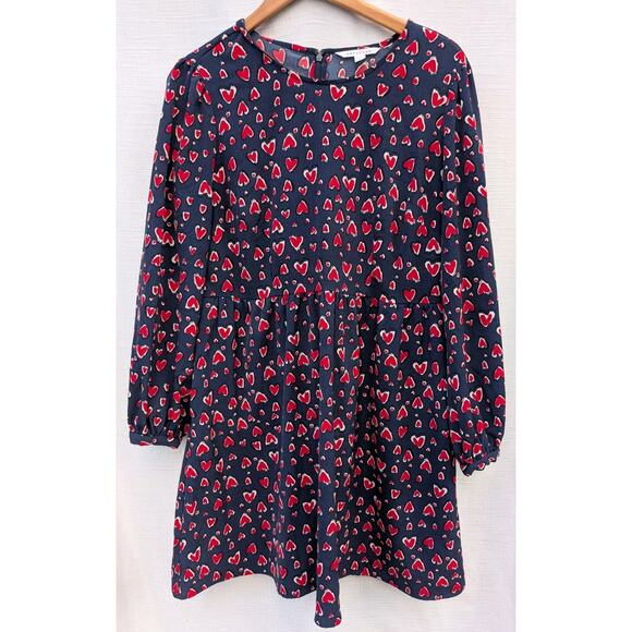 Pop Sugar Women’s Long Sleeve Mini Dress Sz L Puff Sleeve Navy Red Hearts - Picture 1 of 9